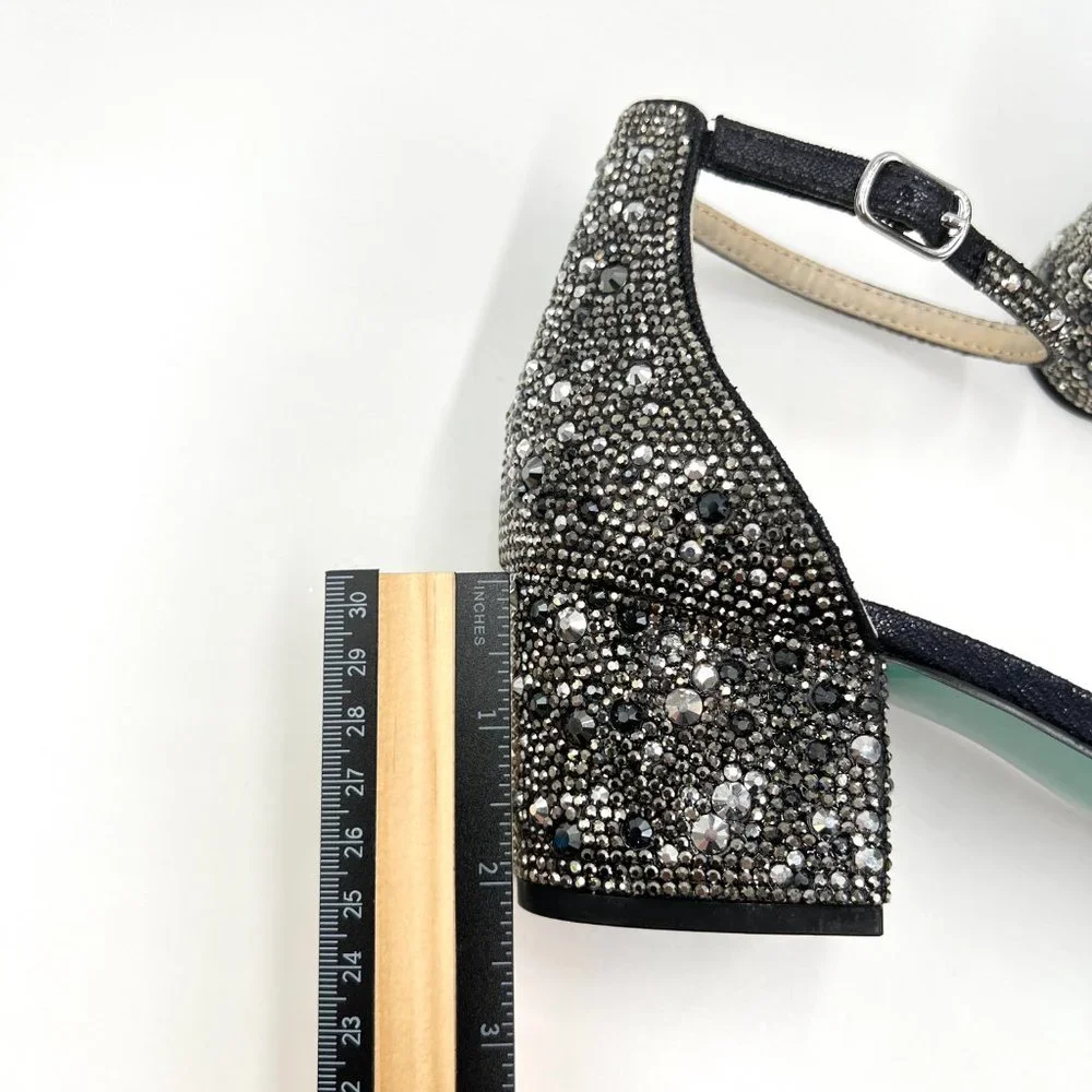 Betsey‎ Johnson Size 7.5 Mari Black Jeweled Block Heel Dress Sandals Shoes